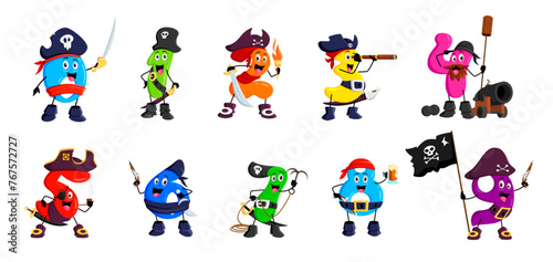 Cartoon math number pirate captain and corsair sailor characters, vector personages. Kids mathematics numbers as Caribbean pirate or buccaneer filibuster in tricorne hat with Jolly roger flag