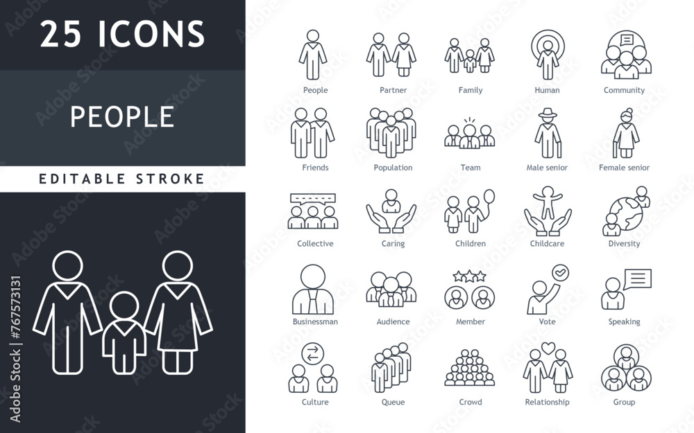 Set of line icons related to people, group, family, human, team, community, friends, population and senior icons. Outline icon collection. Editable stroke. Set of line icons related to people, group, family, human, team, community, friends, population and senior icons. Outline icon collection. Editable stroke.