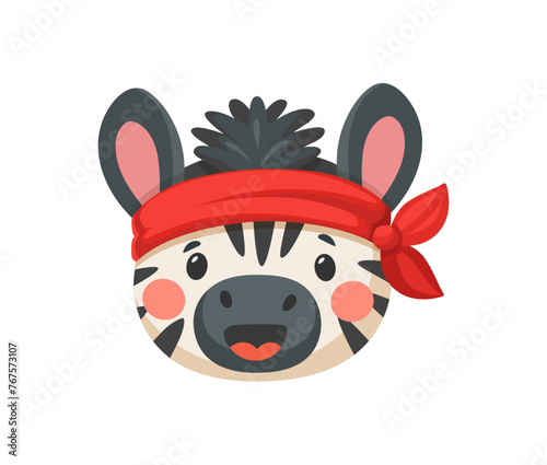Cartoon zebra animal cute pirate and corsair. Adorable sailor, captain, skipper and boatswain African character. Isolated vector kawaii safari zoo personage face with a sweet smile and playful bandana