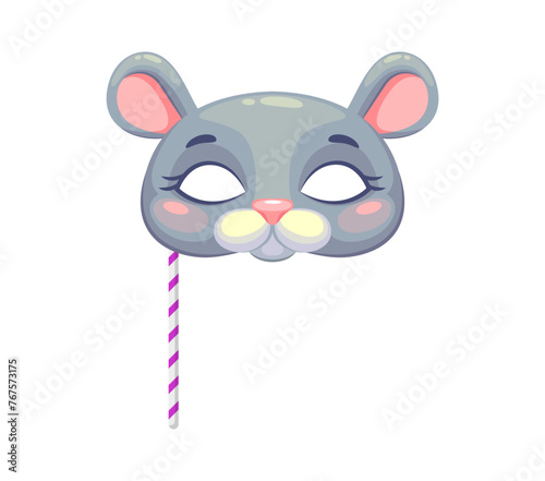 Cartoon mouse animal mask for kids carnival or festival party, vector face. Masquerade mask of funny mouse muzzle on stick for kids happy zoo or carnival masquerade or mask festival costume props © Buch&Bee