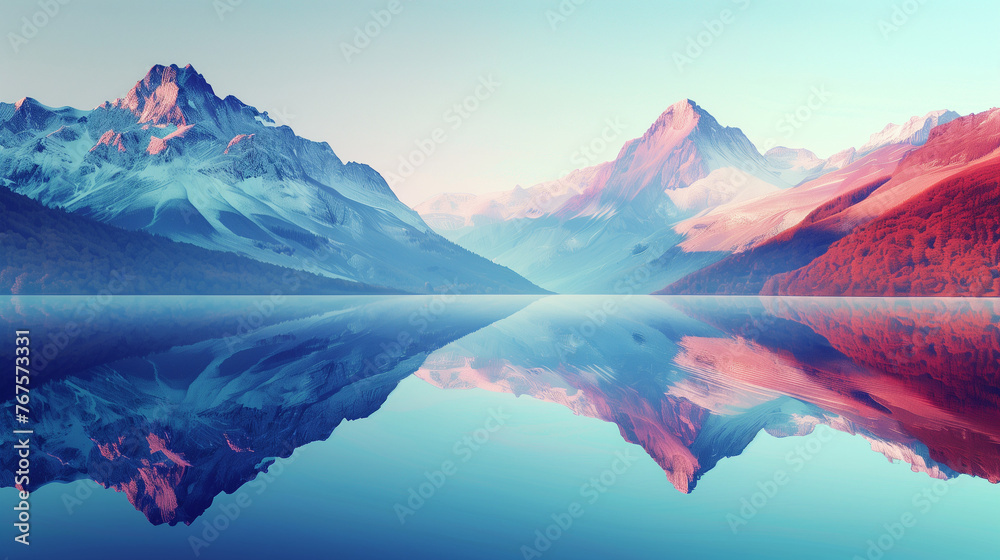 3d render, fantasy landscape panorama with mountains reflecting in the water. Abstract background. Spiritual zen wallpaper with skyline - obrazy, fototapety, plakaty 
