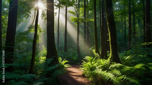forest in the morning   Discover the hidden gems of a dense forest  where towering trees create a canopy of emerald green. Rays of sunlight filter through the leaves  illuminating the vibrant flora an