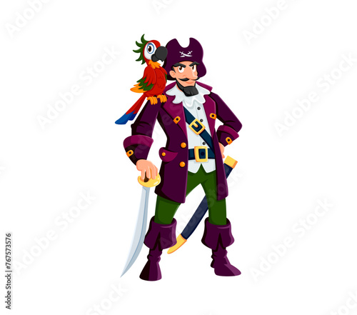 Cartoon pirate captain character with parrot. Isolated vector charismatic sea corsair or buccaneer personage in traditional hat and costume, confidently stands with colorful bird perched on shoulder