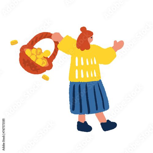 ポイントやコインを持つ女性の手描きイラスト
