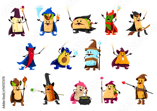 Cartoon Halloween tex mex food wizard and mage characters. Vector tequila, tacos, burrito or jalapeno pepper. Enchiladas, avocado or pulque and mezcal. Nachos, tamales, quesadilla and churros warlocks