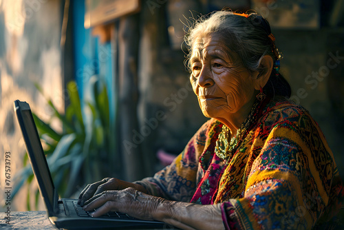 old lady working on laptop in her old house