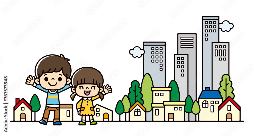 Illustration of children waving cheerfully against a background of city Illustration of children waving cheerfully against a background of city