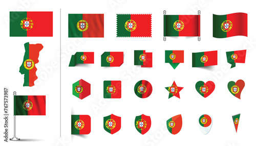 set of Portugal flag, flat Icon set vector illustration. collection of national symbols on various objects and state signs. flag button, waving, 3d rendering symbols, and flag on map symbols