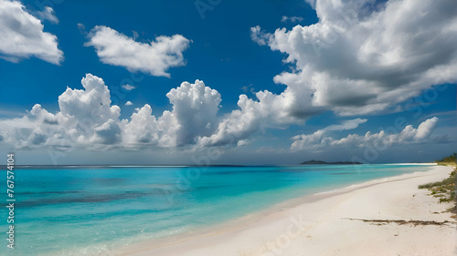 Beautiful beach with white sand  turquoise ocean water and blue sky with clouds in sunny day. Panoramic view. Natural background for summer vacation