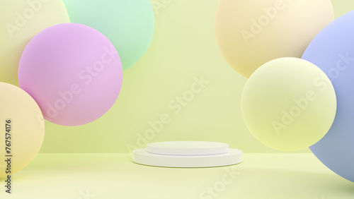 3D rendering abstract white and Assorted colors circle shape podium Perfect platforms for showing your beauty products on yellow background