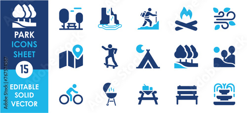 Park flat icons set. Picnic, running, barbecue, swing, camp, icons and so on. Flat icons related to outdoor and nature.