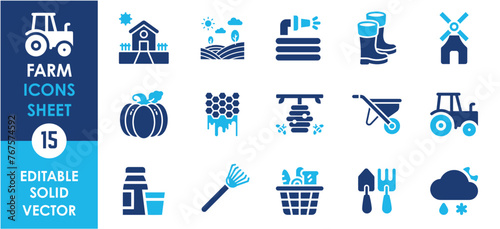 Farm flat icons set. Farming, agriculture, gardening, agronomy related flat vector icons set. Editable farm symbols sheet.