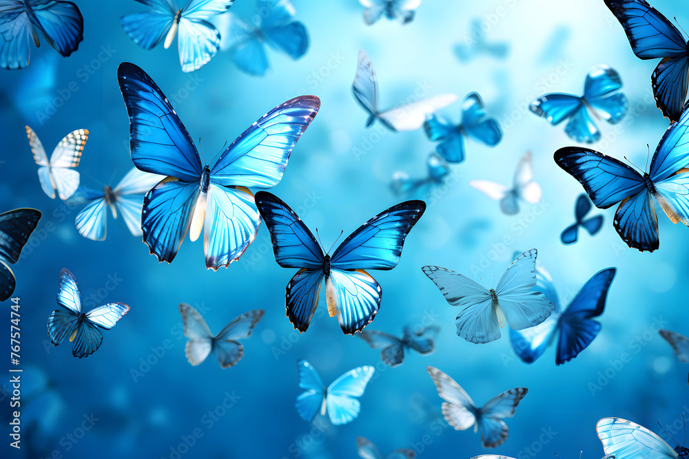 many flying blue butterflies on a sky background. insects. Flora and fauna many flying blue butterflies on a sky background. insects. Flora and fauna