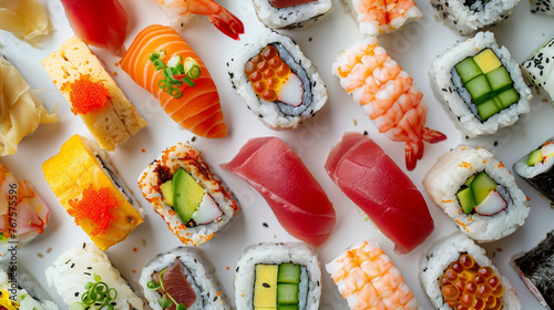 A display of various fresh made sushi. Japanese style food background flat lay. photo
