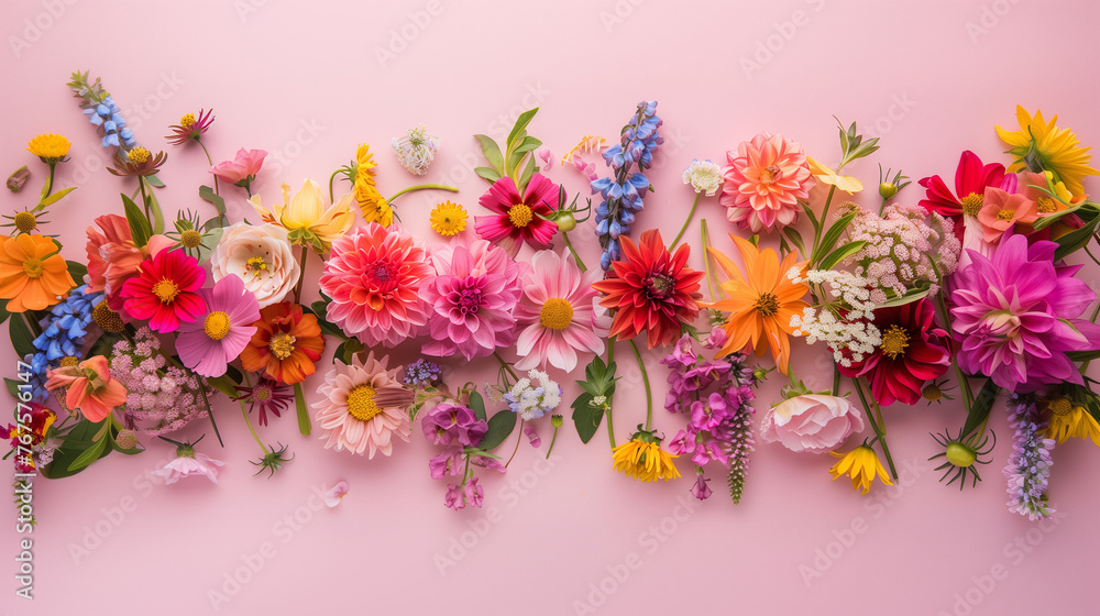 A pink solid background with many flowers arranged in rows, a romantic wedding background card, and a realistic floral style