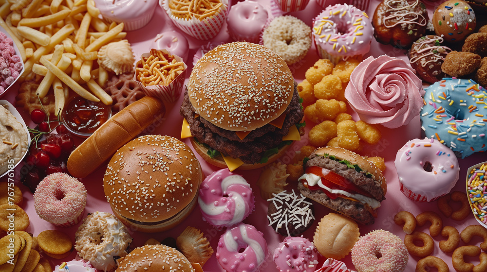 American junk food, including hamburger, chips and donuts. American junk food, including hamburger, chips and donuts.