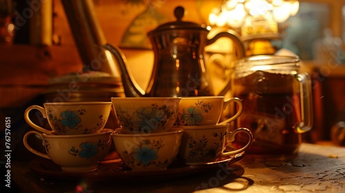 A cozy corner of a cafe with a stack of ceramic chai tea cups, each one emitting the aroma of warm spices, accompanied by a vintage kettle and a jar of honey.