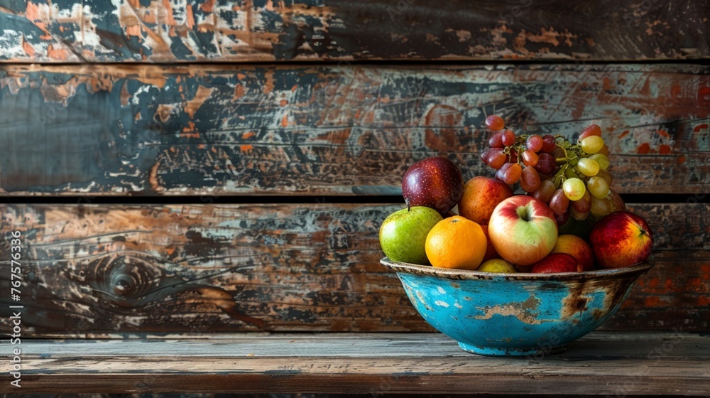 A rustic ceramic bowl, chipped and faded with age, filled with colorful autumn fruits, set against a backdrop of weathered wooden planks. A rustic ceramic bowl, chipped and faded with age, filled with colorful autumn fruits, set against a backdrop of weathered wooden planks.