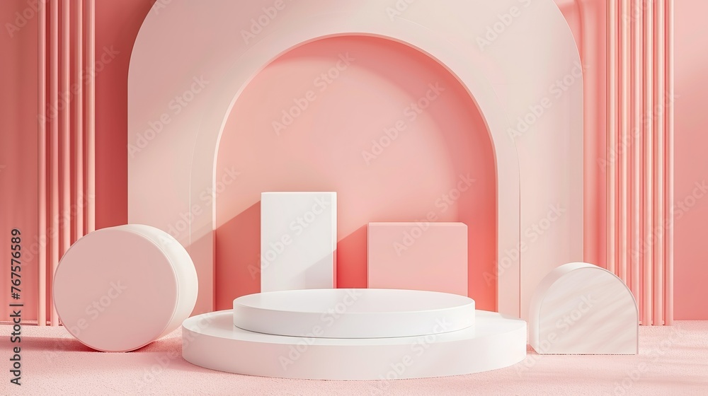 Minimal boxes and geometric podium. Scene with geometrical forms. Empty showcase for cosmetic product presentation. Fashion magazine. 3d render. ,Generative ai Minimal boxes and geometric podium. Scene with geometrical forms. Empty showcase for cosmetic product presentation. Fashion magazine. 3d render. ,Generative ai