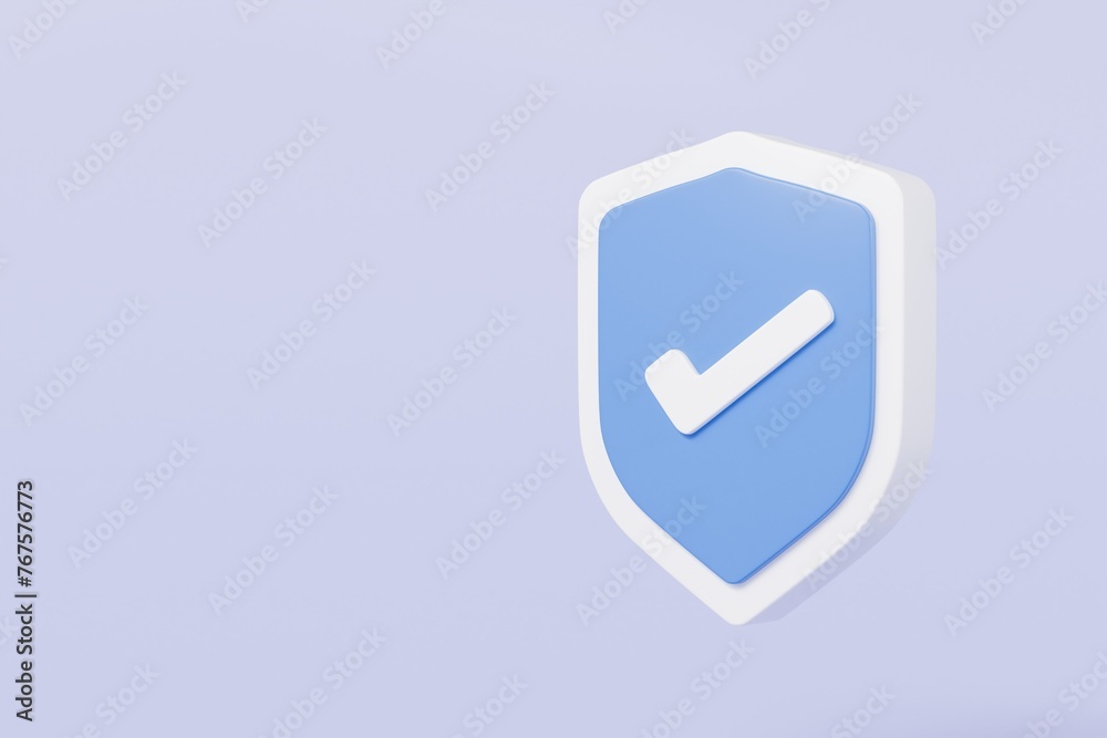 3d Realistic shield security with checkmark icon. Protection, approved, security, guaranteed concept. Minimal blue and white shield verified badge icon isolated on purple background. 3d rendering. 3d Realistic shield security with checkmark icon. Protection, approved, security, guaranteed concept. Minimal blue and white shield verified badge icon isolated on purple background. 3d rendering.