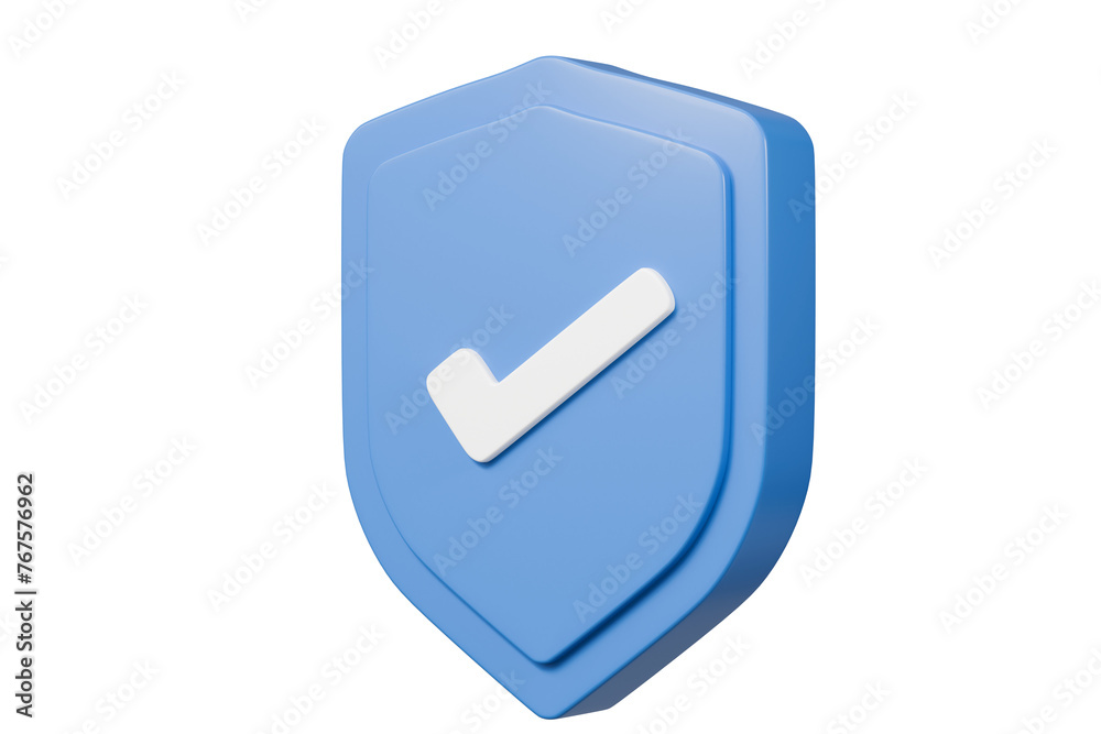 3d Realistic shield security with checkmark icon. Protection, approved, security, guaranteed concept. Minimal blue and white shield verified badge icon isolated on purple background. 3d rendering. 3d Realistic shield security with checkmark icon. Protection, approved, security, guaranteed concept. Minimal blue and white shield verified badge icon isolated on purple background. 3d rendering.