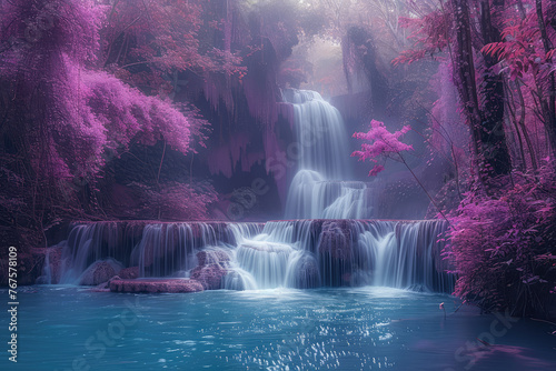 Beautiful landscape of forest with waterfall and purple trees. Created with Ai