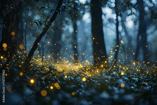 lights of fireflies beetles in the evening forest. fauna and flora in nature © photosaint