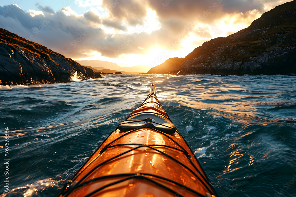 yellow kayak boat floats down the river in the fjords of Norway towards the sunset. view from myself - obrazy, fototapety, plakaty 