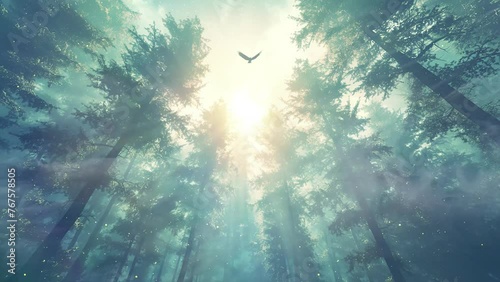 trees with sun rays and flying bird on a forest. treetop canopy bird soaring faint aura lush foliage. seamless looping overlay 4k virtual video animation background photo