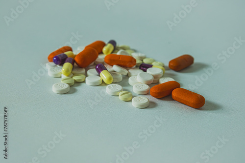 Medical capsules and tablets in close up view