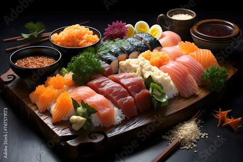 Sushi set with salmon, shrimp, cheese, cucumber, wasabi and ginger on a black background. Sushi menu. Japanese food