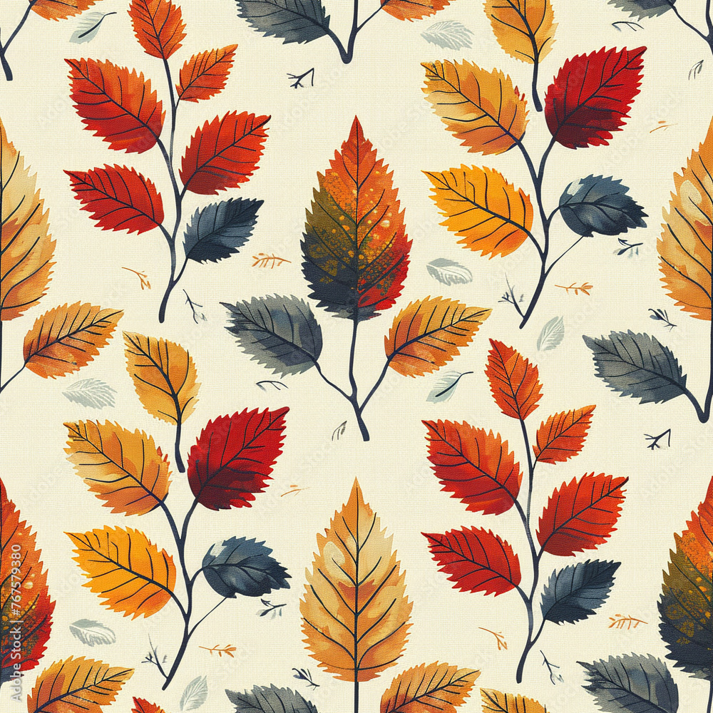 Pixel art illustration of autumn leaves in a seamless pattern, showcasing a rich palette of fall colors.