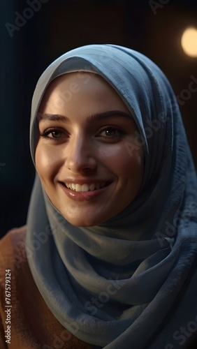 hyper realistic cinematography of a smiling beautiful woman widened draped in hijab, illuminated by a single light. cinematic scene photo