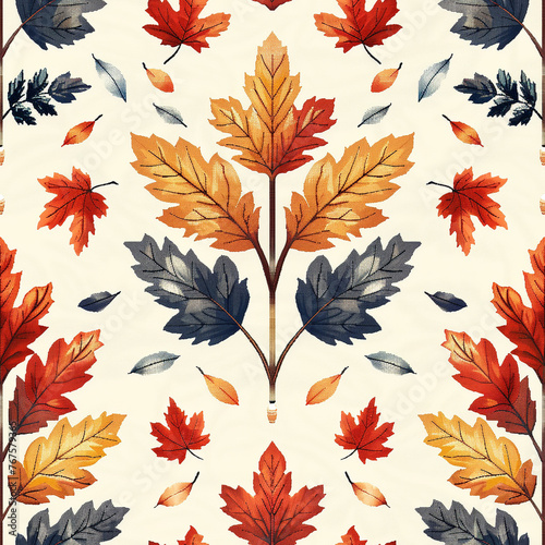Pixel art illustration of autumn leaves in a seamless pattern  showcasing a rich palette of fall colors.