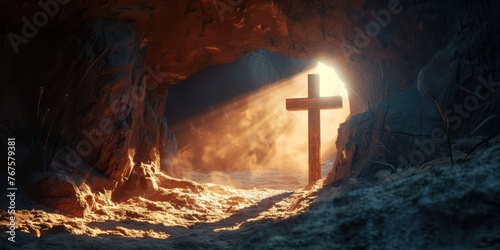 cross in a cave in the rays of sun and dust 