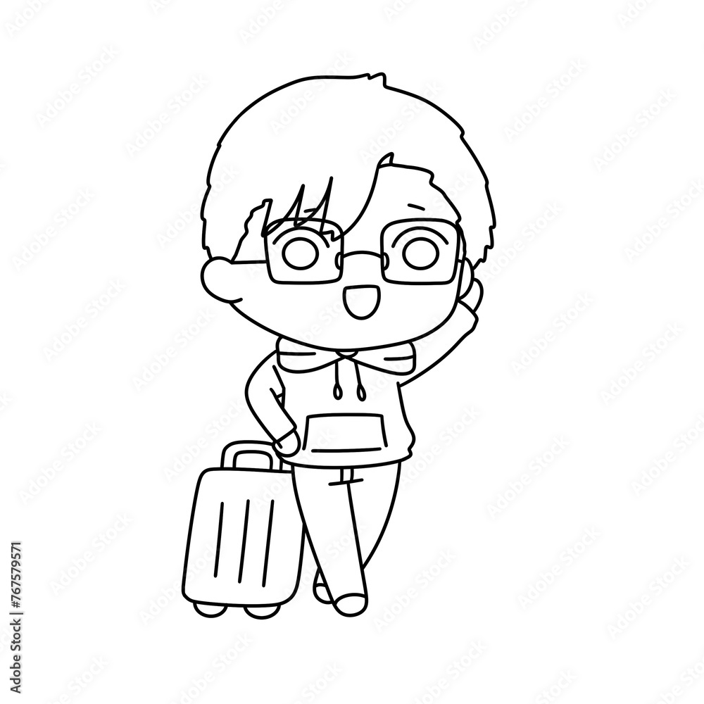 A cartoon character is holding a suitcase and smiling. The image is of a child who is excited about traveling