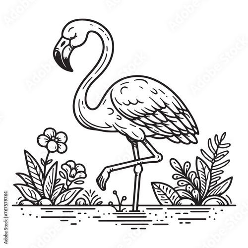 Line art of flamingo standing on one leg in the river vector