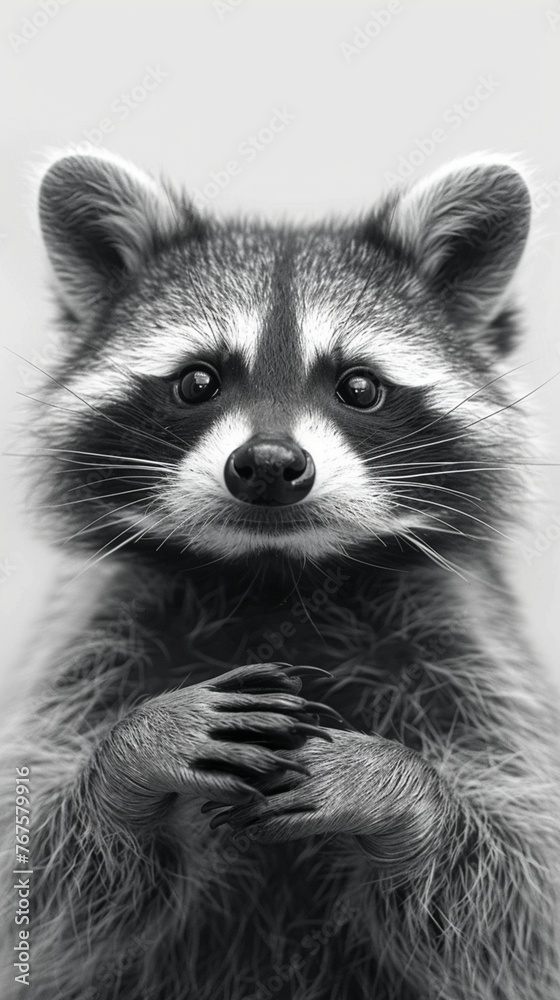 A curious raccoon, its masked face curious and alert, set against the simplicity of white.