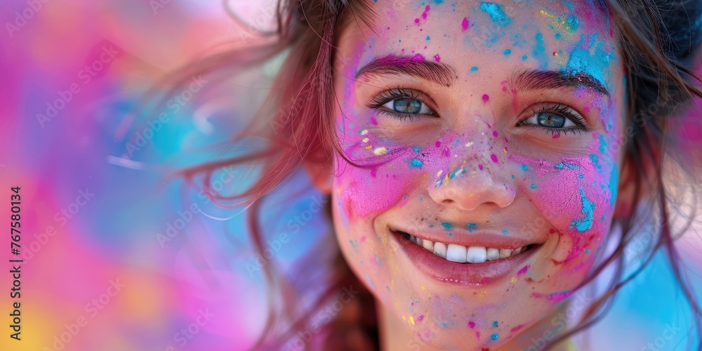 Happy, smiling girl celebrating Holi festival in portrait. Generative Ai
