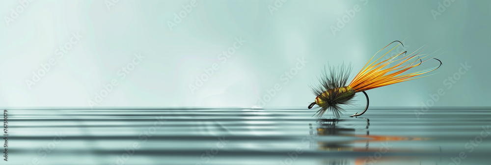 Reflective Water Surface with Floating Fishing Fly - obrazy, fototapety, plakaty 