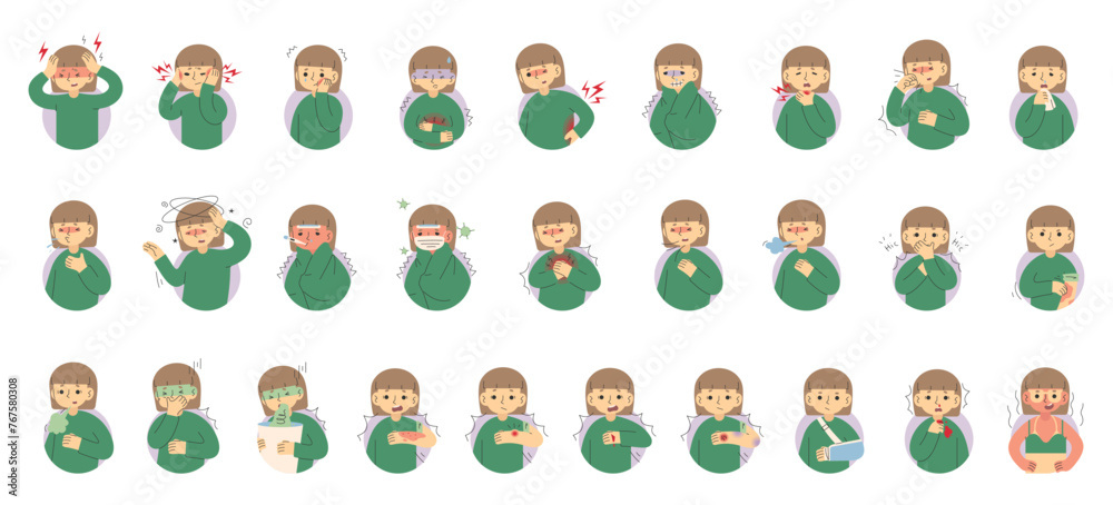 Fototapeta premium Symptoms, Ailments and Injuries Collection 8 cute on a white background, vector illustration.