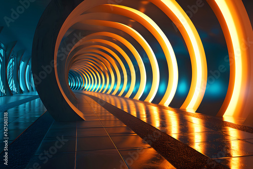 modern hall in the form of a tunnel with stripes of light. architecture and building interior design
