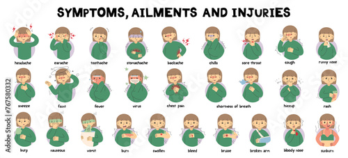 Symptoms, Ailments and Injuries Collection 7 cute on a white background, vector illustration. photo