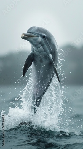 A playful dolphin, captured mid-leap, its sleek form outlined against the pure white background. © Resonant Visions