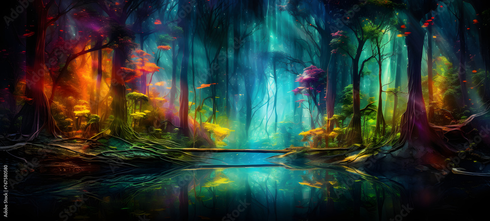 Naklejka premium art Lush forests with towering trees and cascading waterfalls, ai generative