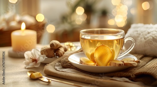 Warm ginger tea awaits  served gently in a clear glass on the table. The warmth that emanates guarantees comfort and relaxation. It invites you to savor each sip and relax your senses.