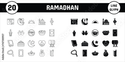 Ramadhan Line Glyph Vector Illustration Icon Sticker Set Design Materials