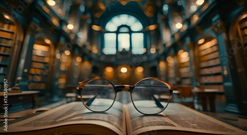 Librarian's glasses and book in a grand, old library