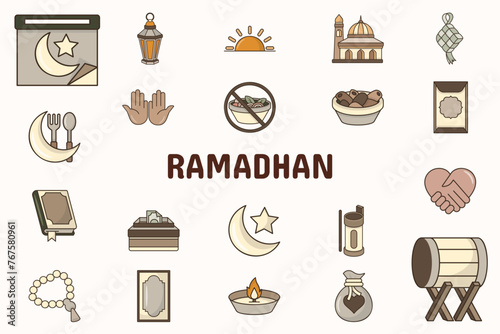 Ramadhan Lineal Color Vector Illustration Icon Sticker Set Design Materials