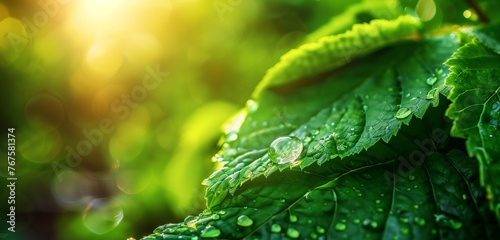 A raindrop delicately clinging to the edge of a vibrant green leaf, refracting sunlight beautifully. photo